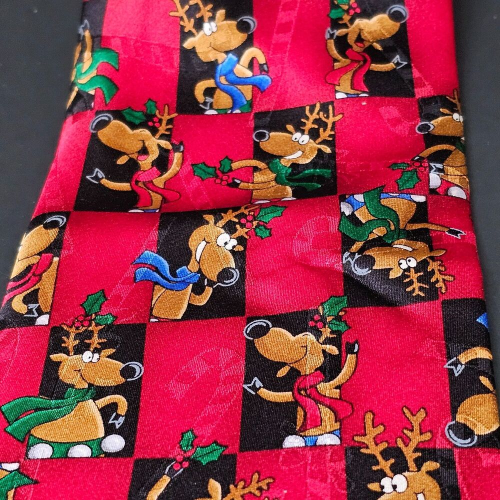 Hallmark Yule Tie Greetings Silk Christmas Novelty Reindeer Holiday Tie 1990s